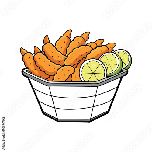 Fried shrimp basket with lemon and dip illustration