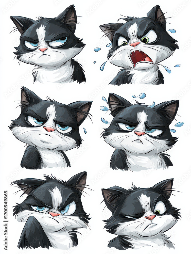 Obraz premium Cat's Emotions Illustration: A set of six meticulously illustrated cartoon cat faces vividly expressing a range of intense emotions, from smoldering anger to utter despair. 