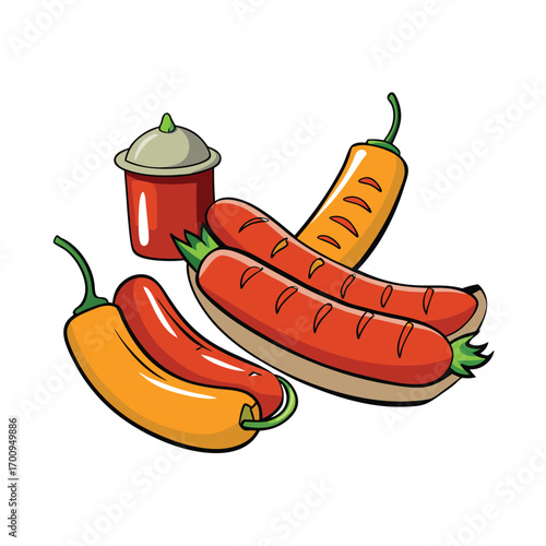 Grilled sausage links with peppers and sauce illustration