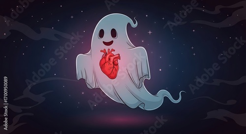Whimsical ghost with a beating heart, floating in a starry night sky, a symbol of love and