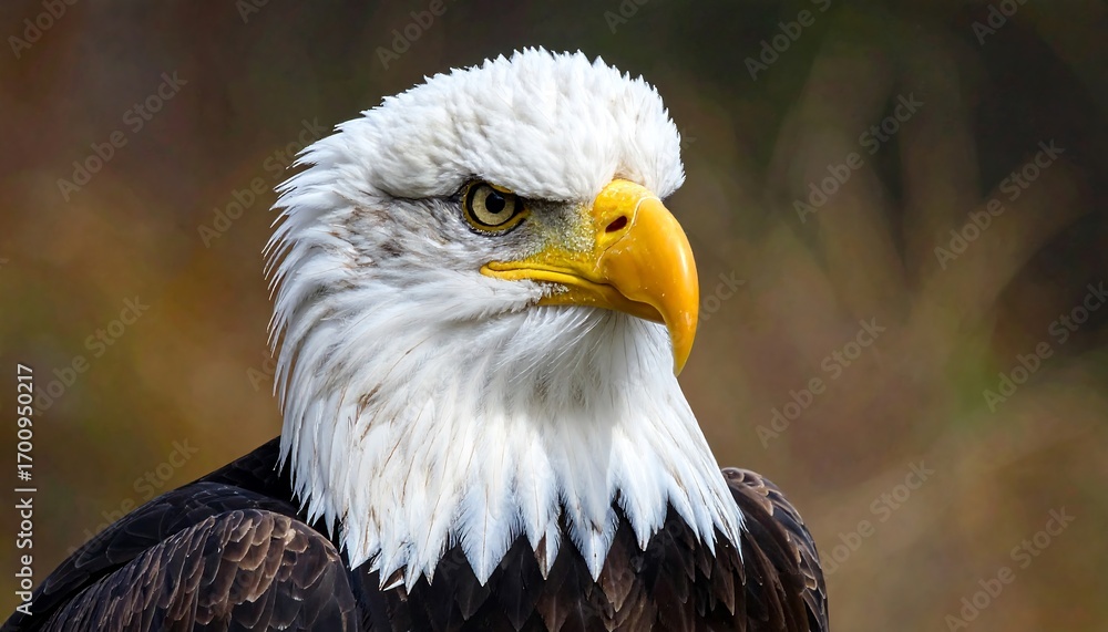 Obraz premium Close-up portrait of a majestic bald eagle, showcasing its striking white plumage and piercing gaze against a blurred, warm-toned background.