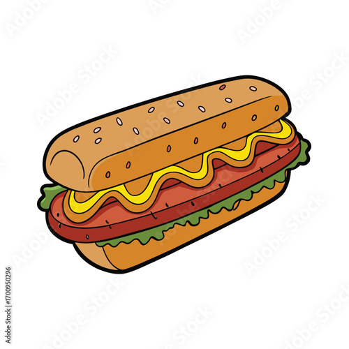 Grilled sausage sandwich with onions and mustard illustration