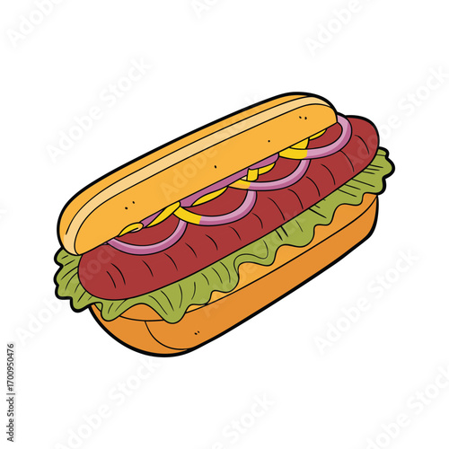 Delicious grilled sausage sandwich with onions and mustard illustration