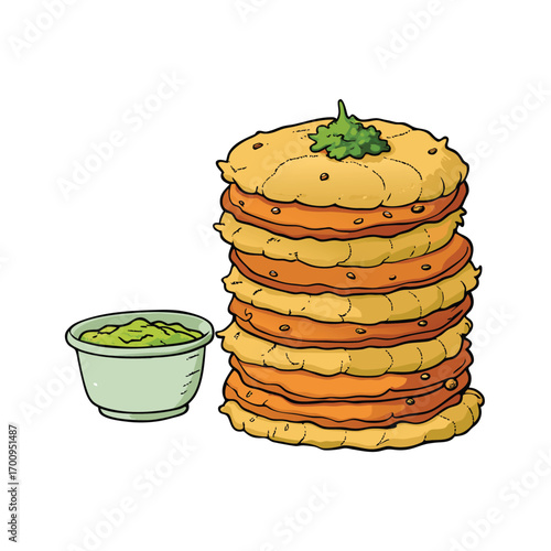 Delicious hash brown stack with sauces and herbs illustration