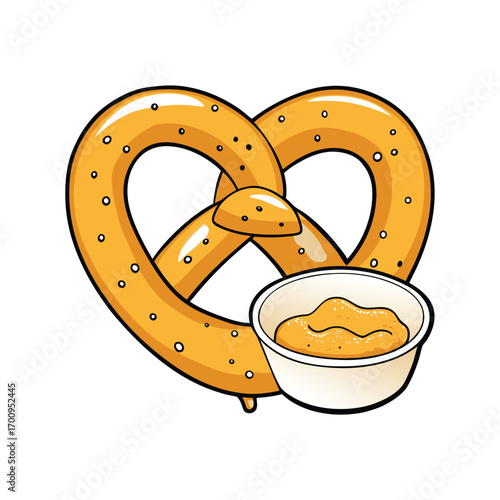 Jumbo pretzel with cheese dip and mustard illustration