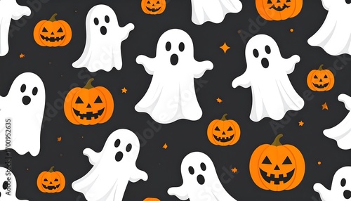 A playful Halloween pattern features spooky white ghosts and cheerful orange pumpkins against a dark backdrop.