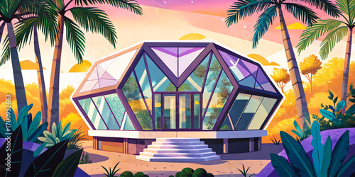 Hexagon futuristic villa in tropical forest, geometric glass design reflecting sunlight and lush greenery
