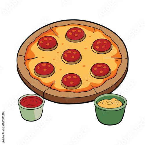 Large pepperoni pizza with multiple dipping sauces vector illustration
