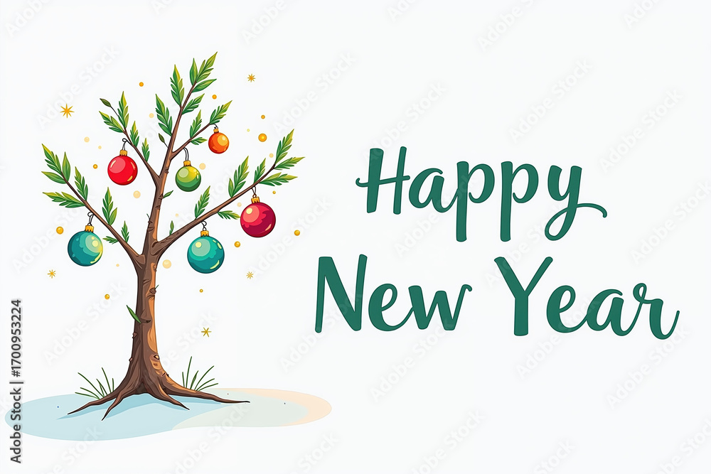 Obraz premium A tree with colorful ornaments and leaves, surrounded by stars, with Happy New Year written in green cursive on a white background, celebrating Christmas.