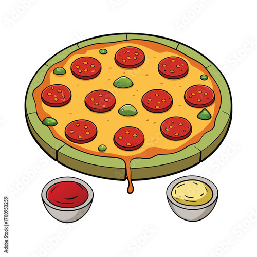 Large pepperoni pizza with multiple dipping sauces