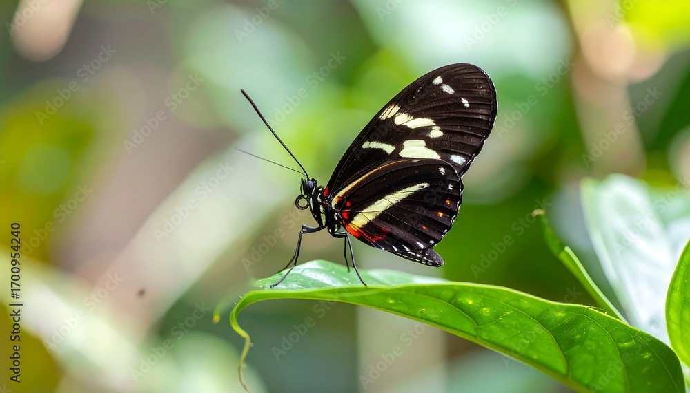 Fototapeta premium Black and white butterfly on green leaf