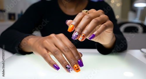 Woman showcases Halloween themed nail art with festive designs in orange and purple hues