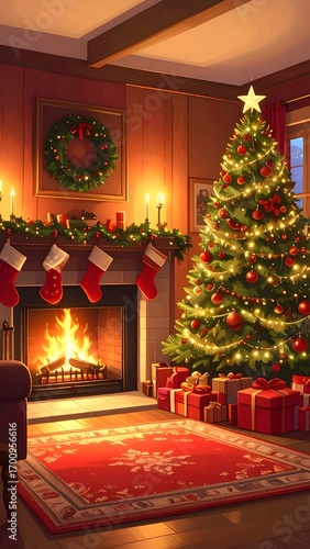 Christmas illustration of interior scene of living room with a fireplace casting a warm, orange glow. Stockings hang from the mantelpiece, and a decorated Christmas tree sparkles with lights.