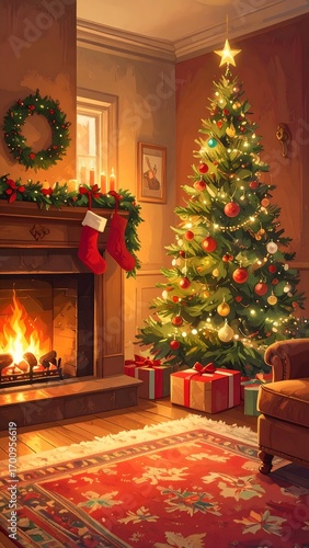 Christmas illustration of interior scene of living room with a fireplace casting a warm, orange glow. Stockings hang from the mantelpiece, and a decorated Christmas tree sparkles with lights.