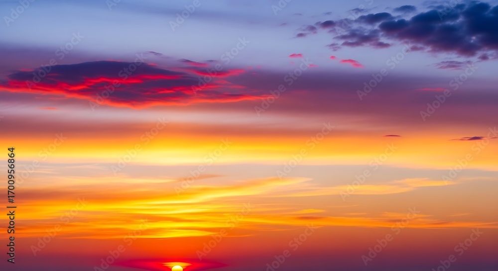 Fototapeta premium Vibrant sky panorama with colorful cloud formations and sun glow paint strokes across horizon