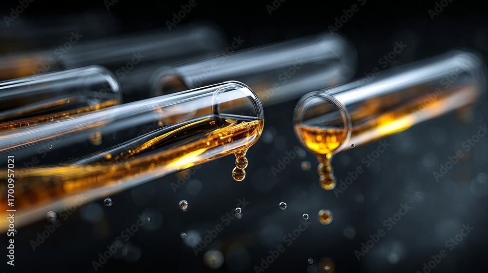 Naklejka premium Captivating close-up of golden liquid dripping from scientific test tubes creating vibrant motion and abstract beauty