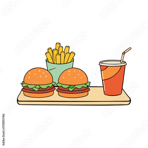 Mini burger sliders fries and drink illustration
