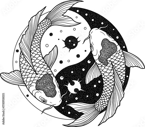 Two koi fish in a yin-yang pattern, fine line black ink, white background, vector.