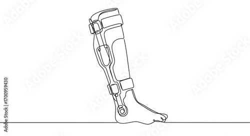 Line drawing of a prosthetic leg in profile view, showcasing detailed design