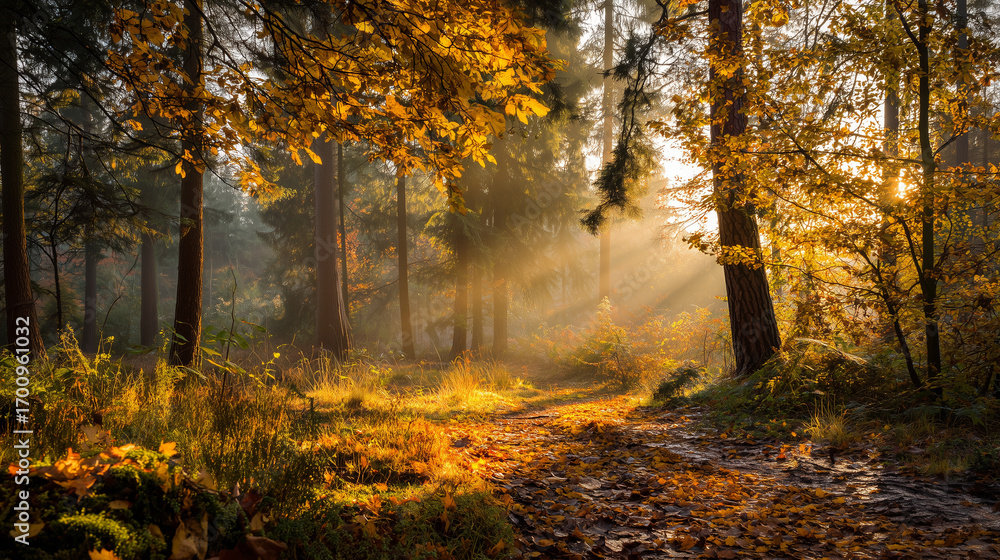 Fototapeta premium Autumn morning in the forest with golden sunlight and drifting leaves