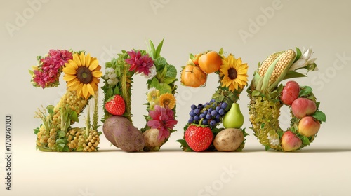 3D semi-realistic 2026 numbers with fruits, crops and flowers growing through, agricultural design