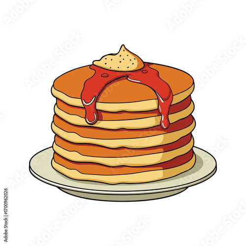 Savory pancake stack with bacon and syrup illustration