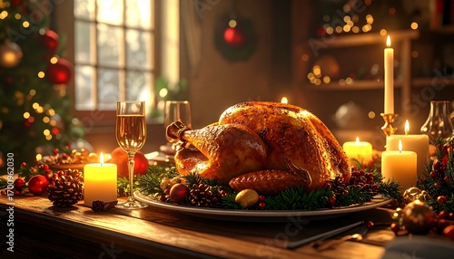 3D model of a Christmas dinner table filled with roasted turkey, candles, and festive decorations, ultra detailed textures, warm lighting