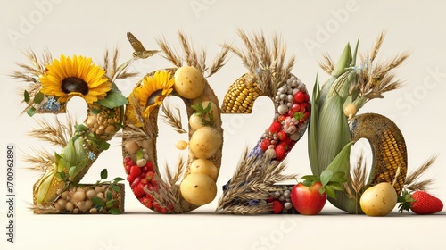 3D semi-realistic 2026 numbers with fruits, crops and flowers growing through, agricultural design