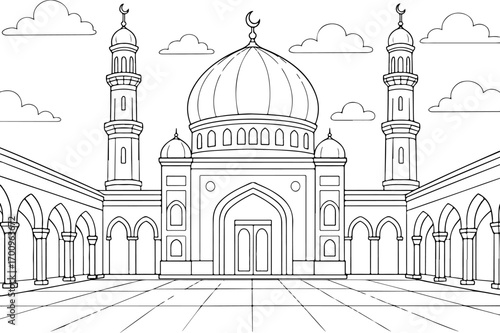hand drawn vector doodle illustration of mosque coloring page for kids line art