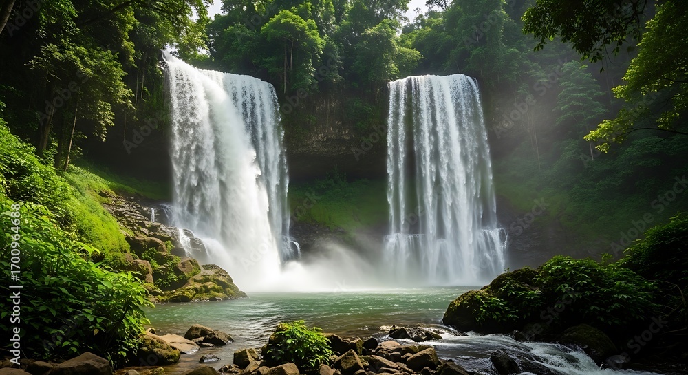 Naklejka premium Majestic Twin Waterfalls in Lush Tropical Rainforest.