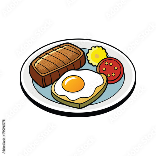 Classic steak and eggs breakfast plate with toast illustration