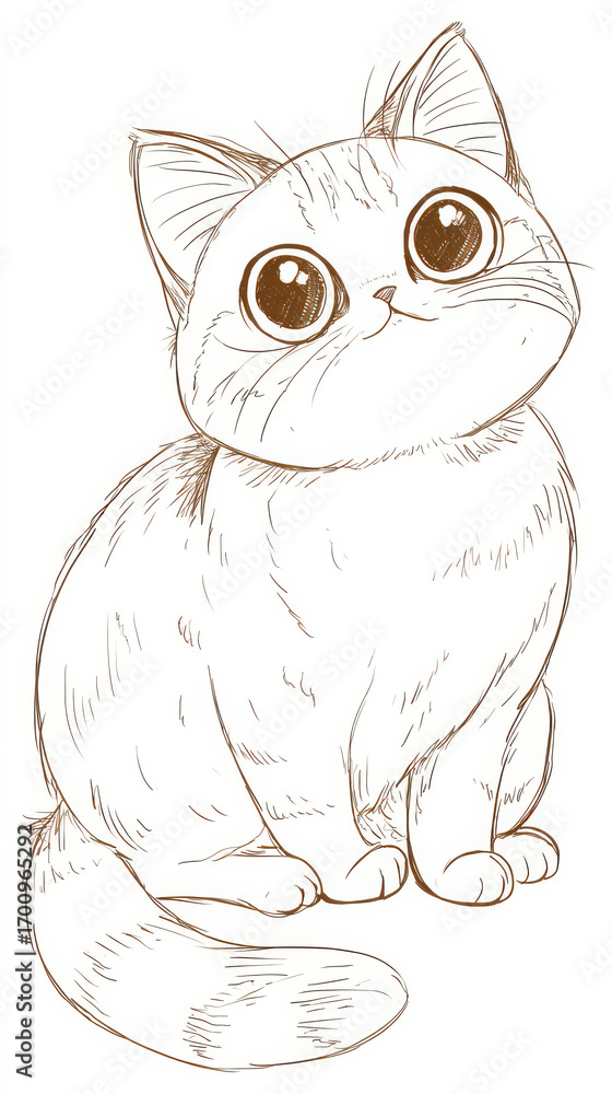 Fototapeta premium Whimsical Cat Illustration: A charming cartoon cat captivates with its endearing gaze and gentle demeanor. A delightful sketch showcasing the playful essence of this feline friend.