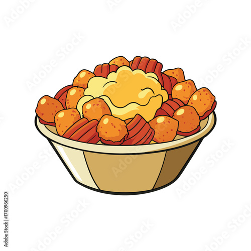 Delicious tater tots with creamy cheese sauce and crispy bacon crumble