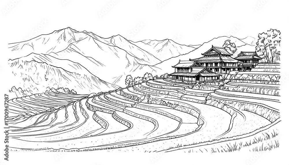 Fototapeta premium A detailed black and white line drawing of terraced rice paddies with mountains and traditional Asian buildings.