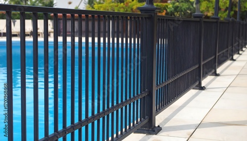 A dark, metal fence encloses a sparkling blue pool, offering a tranquil and secure boundary.