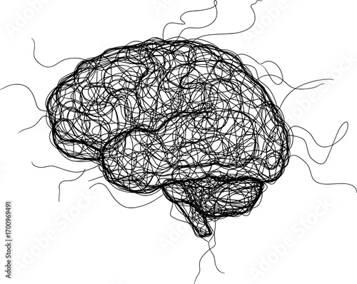Abstract human brain made of tangled black wires, minimal concept poster, white background, vector.