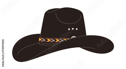 A classic dark brown cowboy hat with a decorative band and brim on a white backdrop offers a vintage western aesthetic