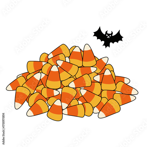 A Halloween illustration featuring a large pile of colorful candy corn with a spooky bat flying overhead, creating a festive and whimsical scene