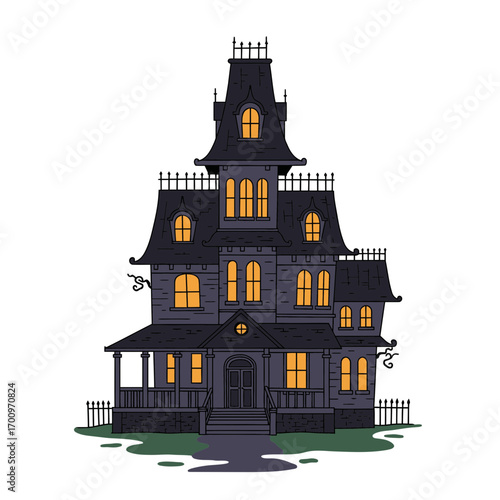 A spooky haunted house illustration with glowing windows and intricate architectural details perfect for Halloween themes, events, or decorations.