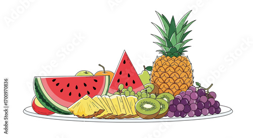 A vibrant fruit platter brimming with watermelon, pineapple, grapes, kiwi, apple, and pear illustration