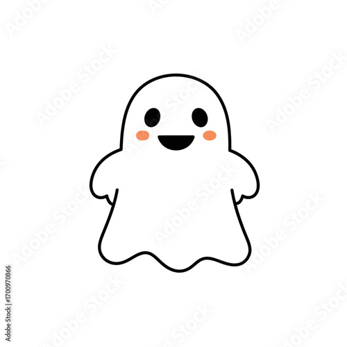 Adorable cartoon ghost with a cute smile and rosy cheeks floating on a white background, perfect for Halloween