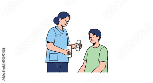 Caring nurse offering medication to a young male patient in a clinic setting, demonstrating compassion and healthcare