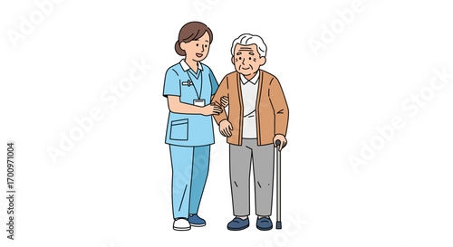 Caring nurse assisting elderly man with walking stick offering support and companionship for senior healthcare and well being