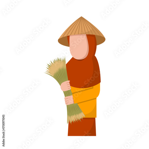 Character Of Hijab Farmer Holding Rice Stalks