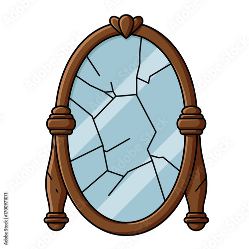 Cartoon illustration of an antique oval mirror with a decorative heart and shattered reflection creating a misfortune or bad luck visual