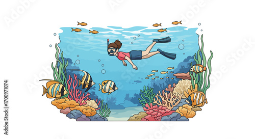 Cartoon illustration of a woman snorkeling among colorful coral reefs and tropical fish in a vibrant underwater scene