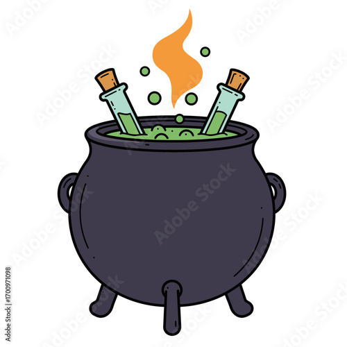 Cartoon witch's cauldron bubbling with green potion and test tubes creating a spooky Halloween scene