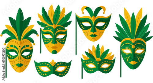 Collection of vector Mardi Gras masks in green and gold for festive celebrations and traditional carnival costumes