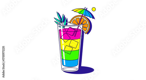Colorful tropical cocktail illustration with orange slice and umbrella in a tall glass, evoking summer vibes and refreshment