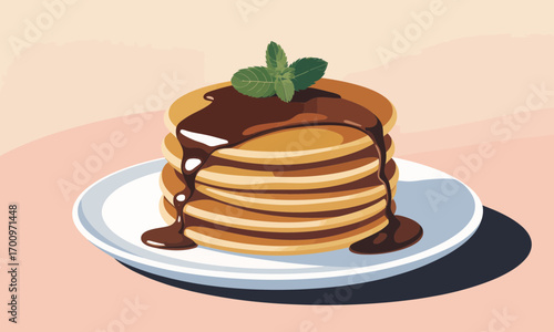 Delicious stack of pancakes with chocolate syrup and mint garnish on a plate breakfast treat